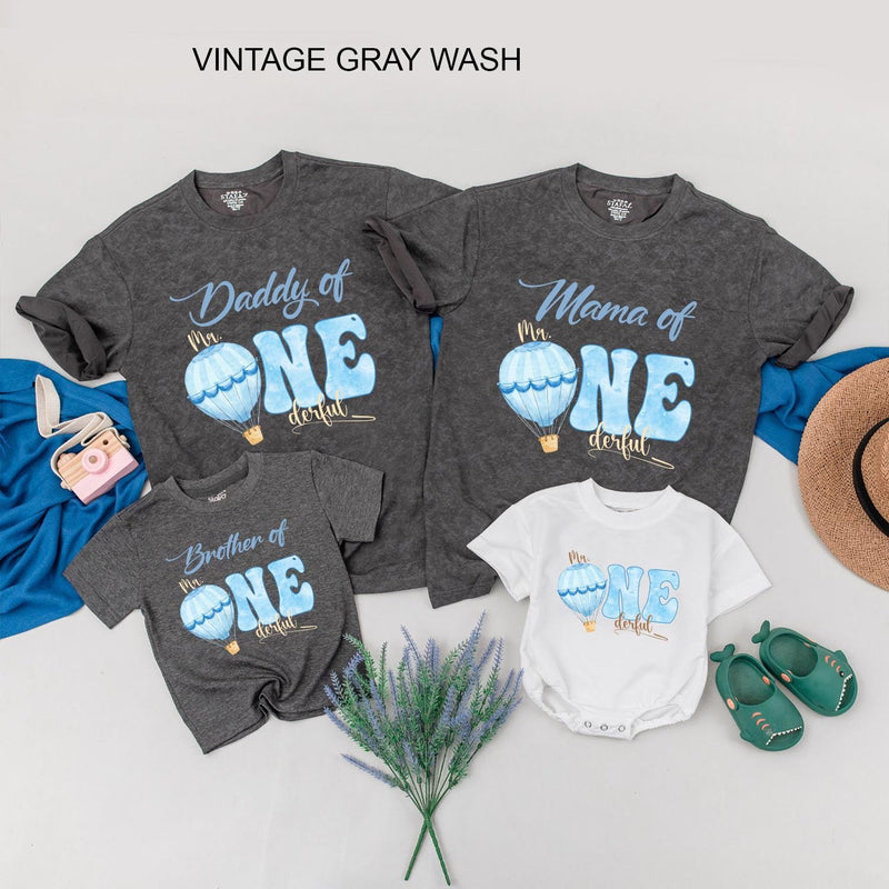 Blue Hot Air Balloon Mr One-derful Birthday Shirt for Baby Boy, Matching Family First Birthday Outfit, Custom Toddler Party Tee Gift
