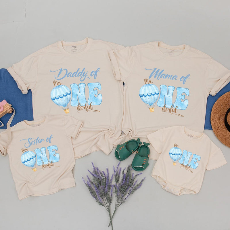 Blue Hot Air Balloon Mr One-derful Birthday Shirt for Baby Boy, Matching Family First Birthday Outfit, Custom Toddler Party Tee Gift