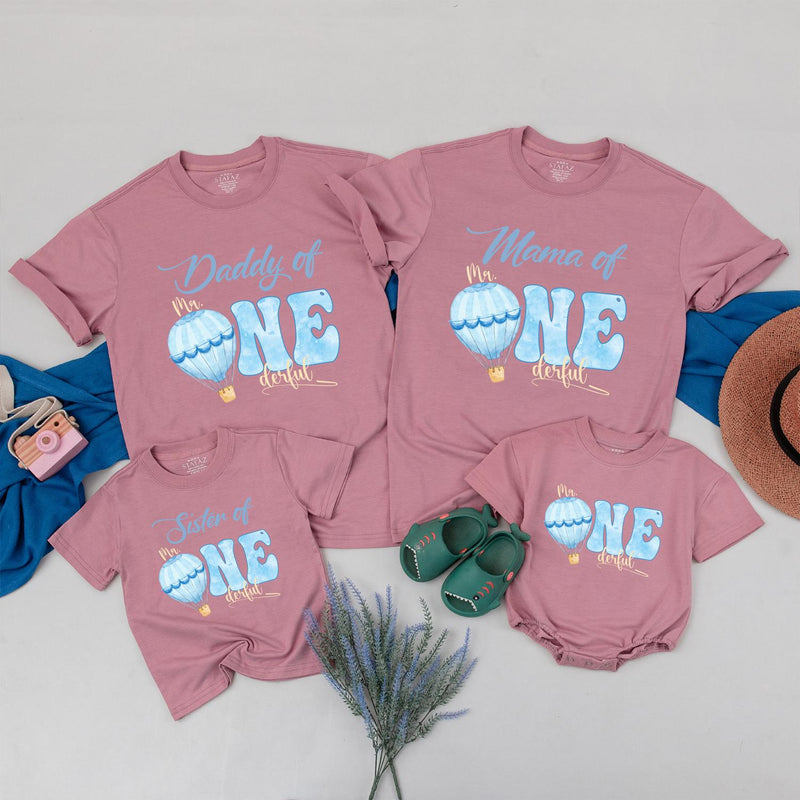 Blue Hot Air Balloon Mr One-derful Birthday Shirt for Baby Boy, Matching Family First Birthday Outfit, Custom Toddler Party Tee Gift