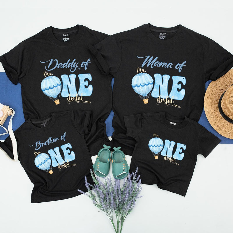 Blue Hot Air Balloon Mr One-derful Birthday Shirt for Baby Boy, Matching Family First Birthday Outfit, Custom Toddler Party Tee Gift
