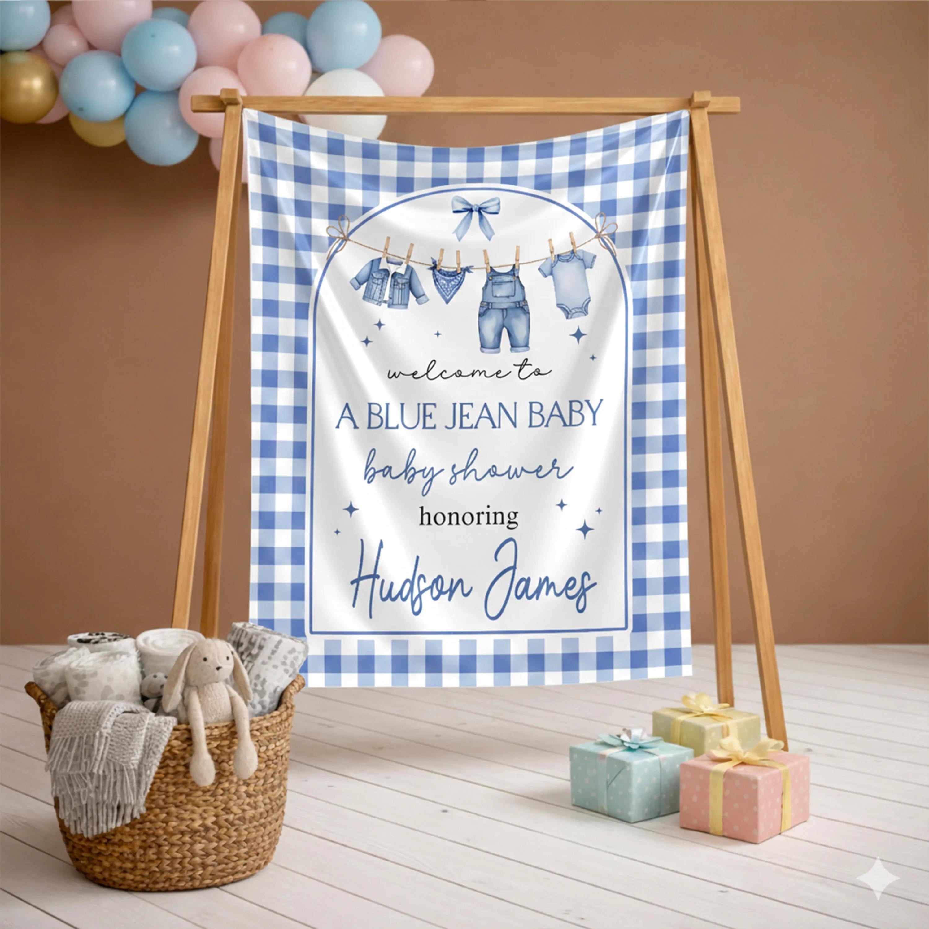 A Blue Jean Baby Shower Silk Welcome Sign with Denim Theme, Custom Name Decor, Rustic Blue Gingham and Watercolor Baby Clothes Design