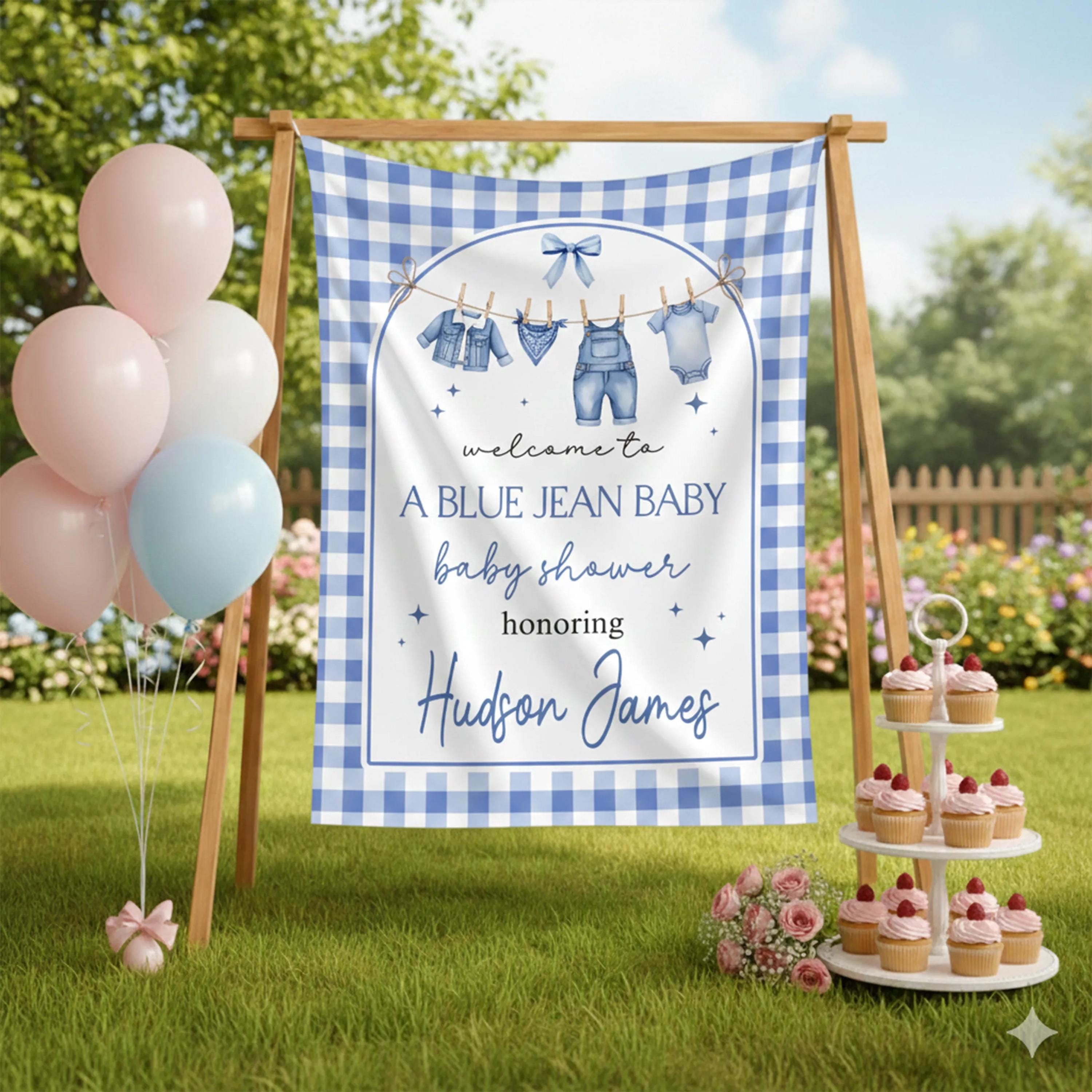 A Blue Jean Baby Shower Silk Welcome Sign with Denim Theme, Custom Name Decor, Rustic Blue Gingham and Watercolor Baby Clothes Design