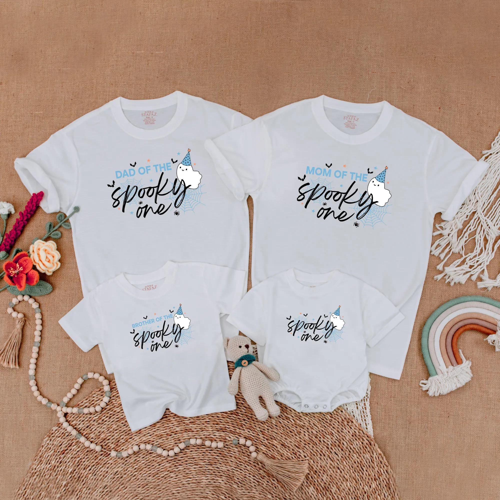 Blue Spooky One Ghost Birthday Shirt for Baby and Family Matching Halloween 1st Birthday Party Outfits Custom Names Fun Design