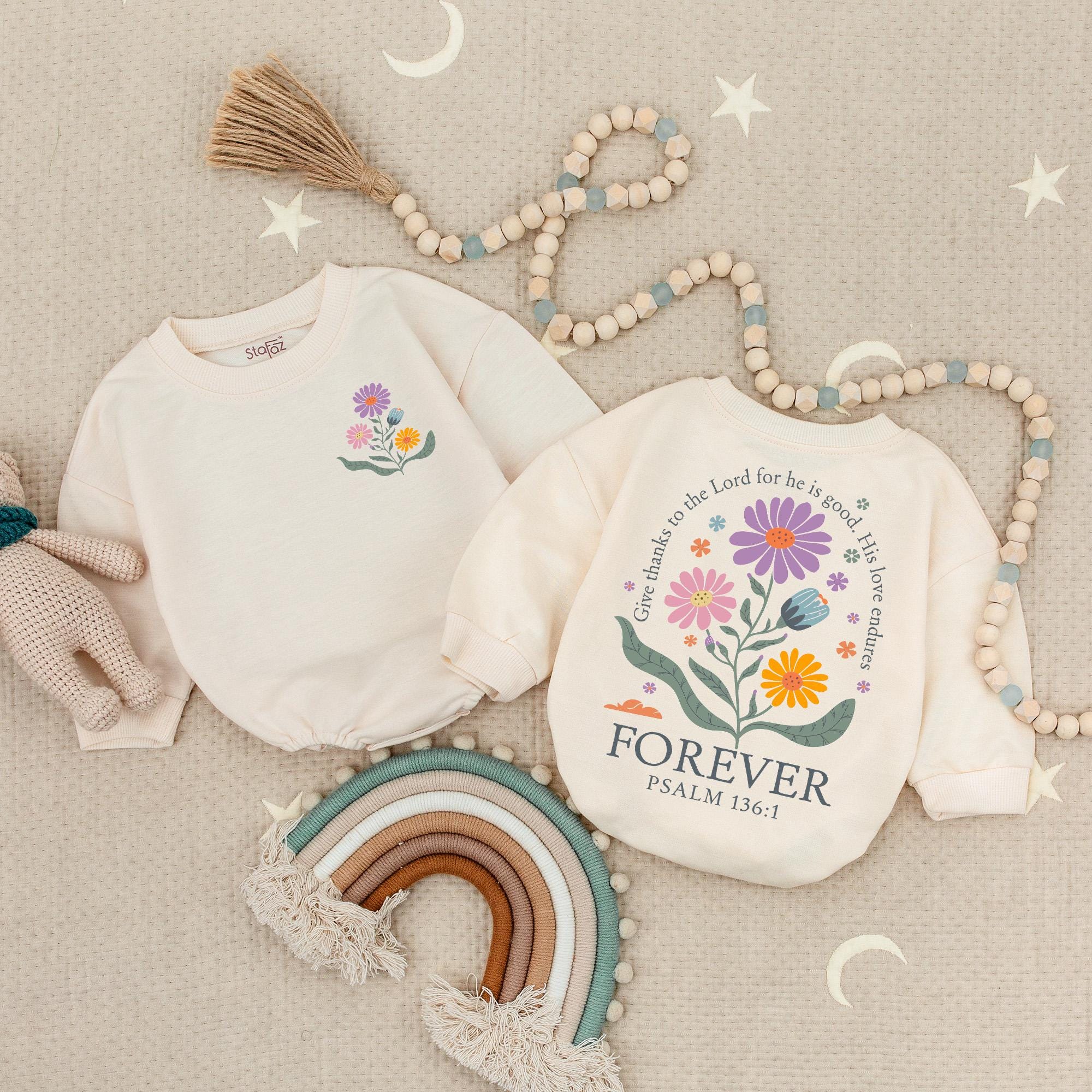 Boho Baby Girl Christian Bubble Romper with Psalm 136:1 Floral Design Faith-Based Outfit Infant Baptism Gift Comfortable Cotton Clothes