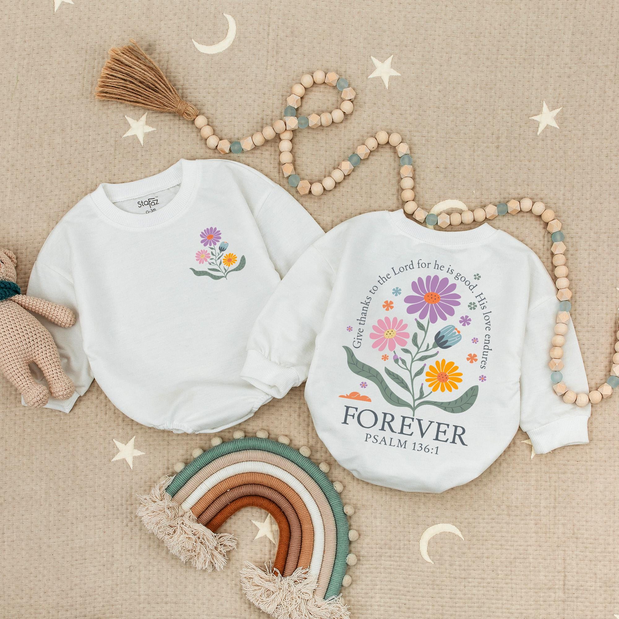 Boho Baby Girl Christian Bubble Romper with Psalm 136:1 Floral Design Faith-Based Outfit Infant Baptism Gift Comfortable Cotton Clothes