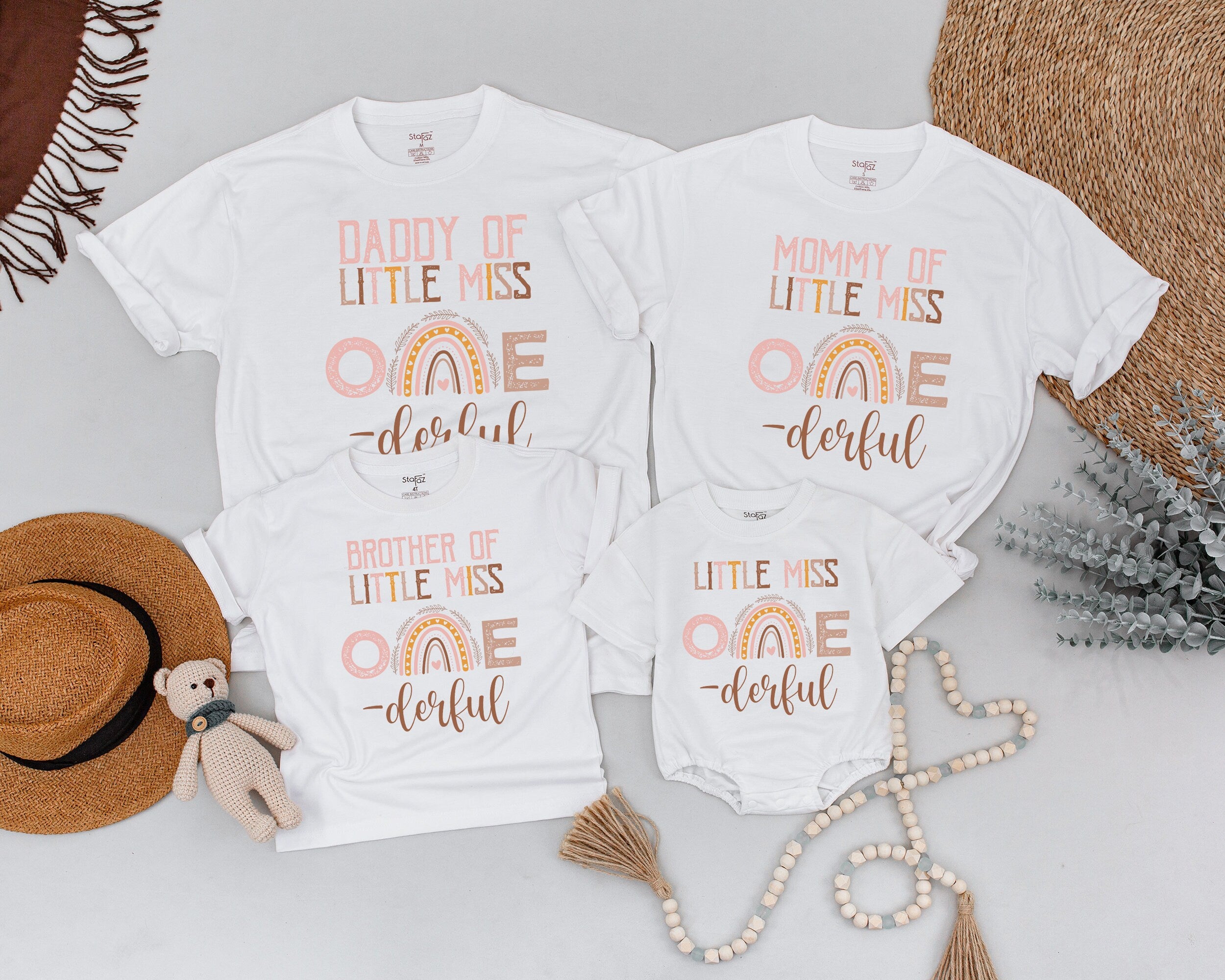 Boho Rainbow 1st Birthday Shirt for Girls Matching Family Outfit Little Miss ONEderful First Birthday Custom Name Soft Cotton Tee