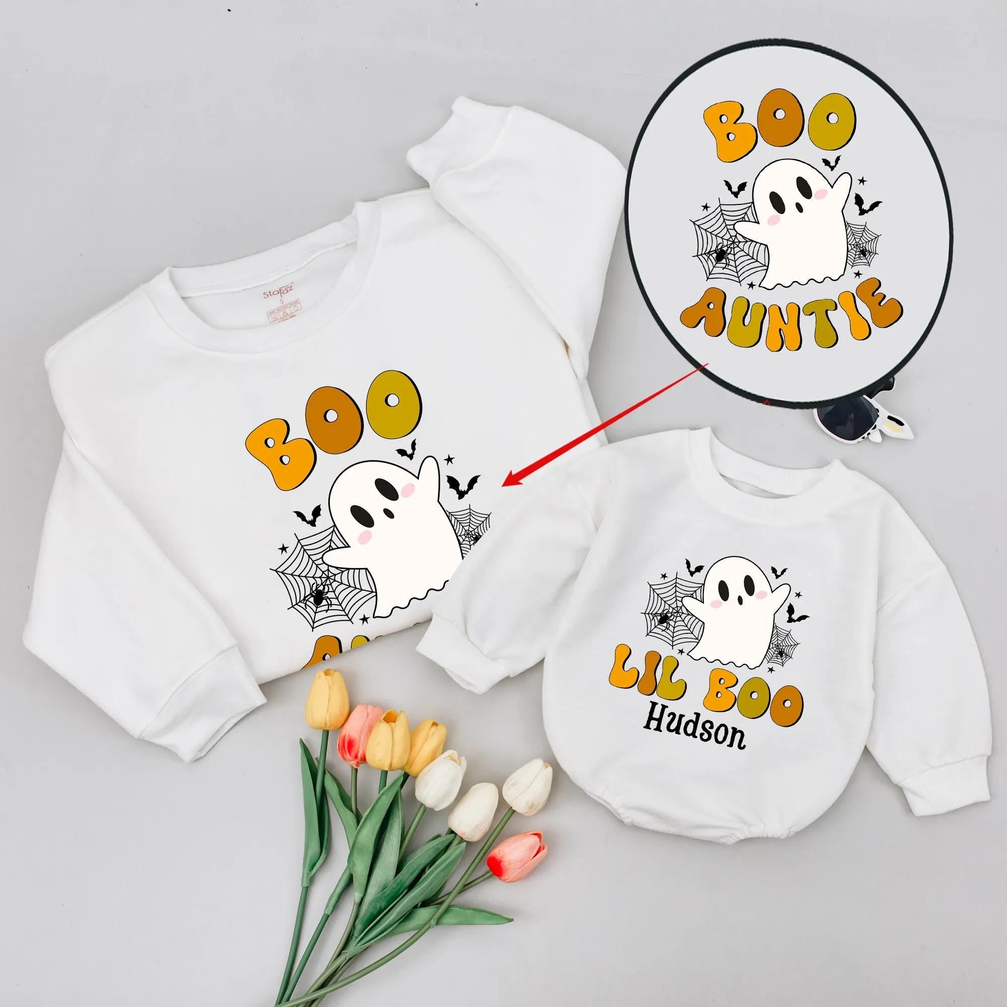 Boo Auntie Halloween Sweatshirt and Lil Boo Baby Romper with Custom Name, Matching Ghost Outfit for Fall Family Photos