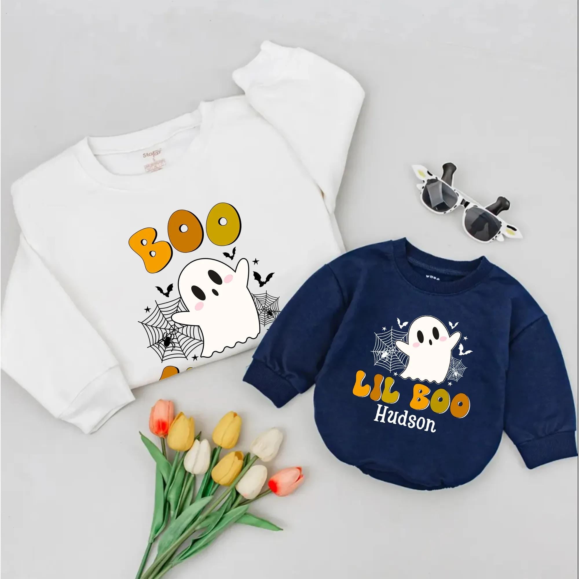Boo Auntie Halloween Sweatshirt and Lil Boo Baby Romper with Custom Name, Matching Ghost Outfit for Fall Family Photos