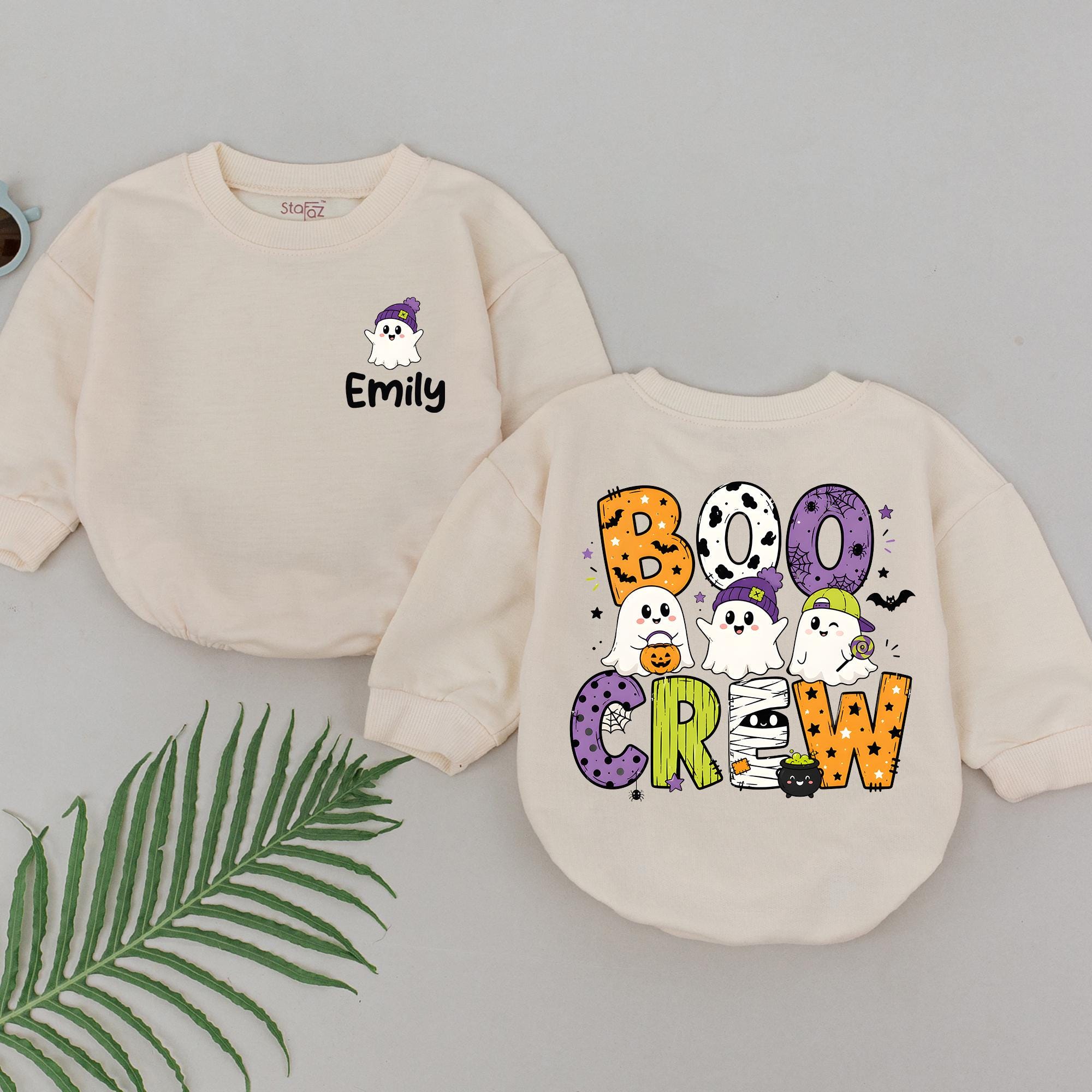 Boo Crew Baby Romper with Cute Ghost Artwork and Custom Name, Halloween Infant Outfit for Pumpkin Patch or Spooky Celebrations