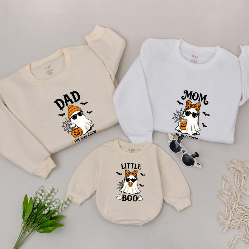 The Boo Crew Family Halloween Sweatshirts with Ghost and Pumpkin Design, Matching Mom, Dad, and Little Boo Outfits with Custom Names