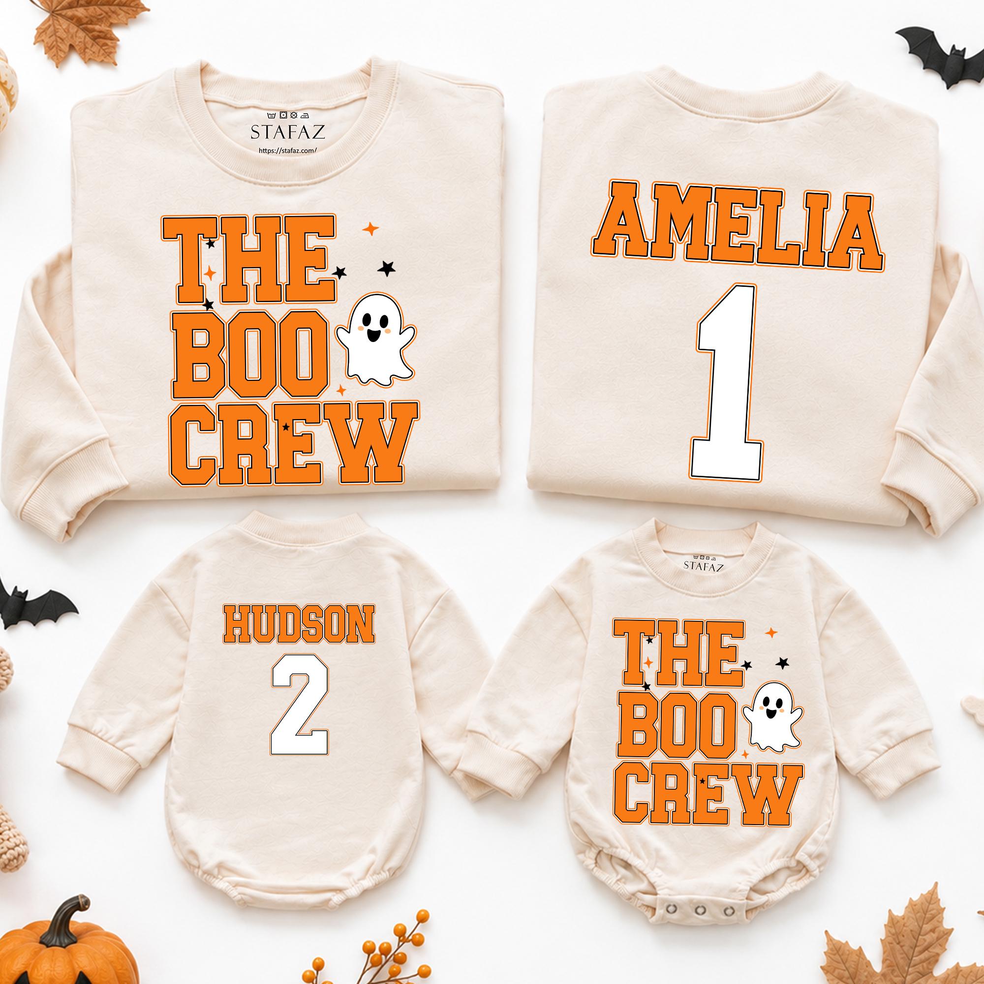 The Boo Crew Halloween Sweatshirt and Baby Romper Set with Custom Name, Matching Family Ghost Shirts for Fall Pumpkin Patch Outings
