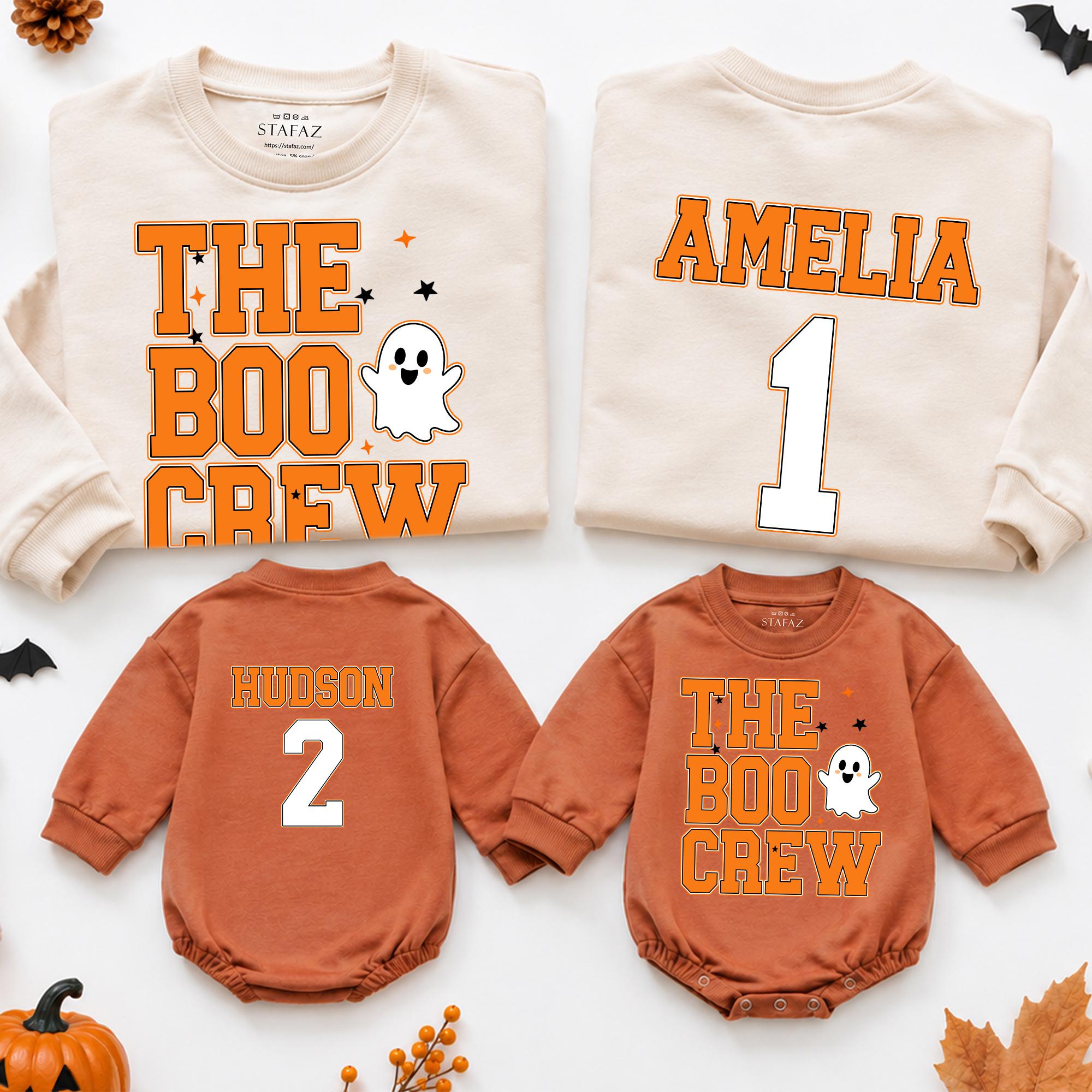 The Boo Crew Halloween Sweatshirt and Baby Romper Set with Custom Name, Matching Family Ghost Shirts for Fall Pumpkin Patch Outings