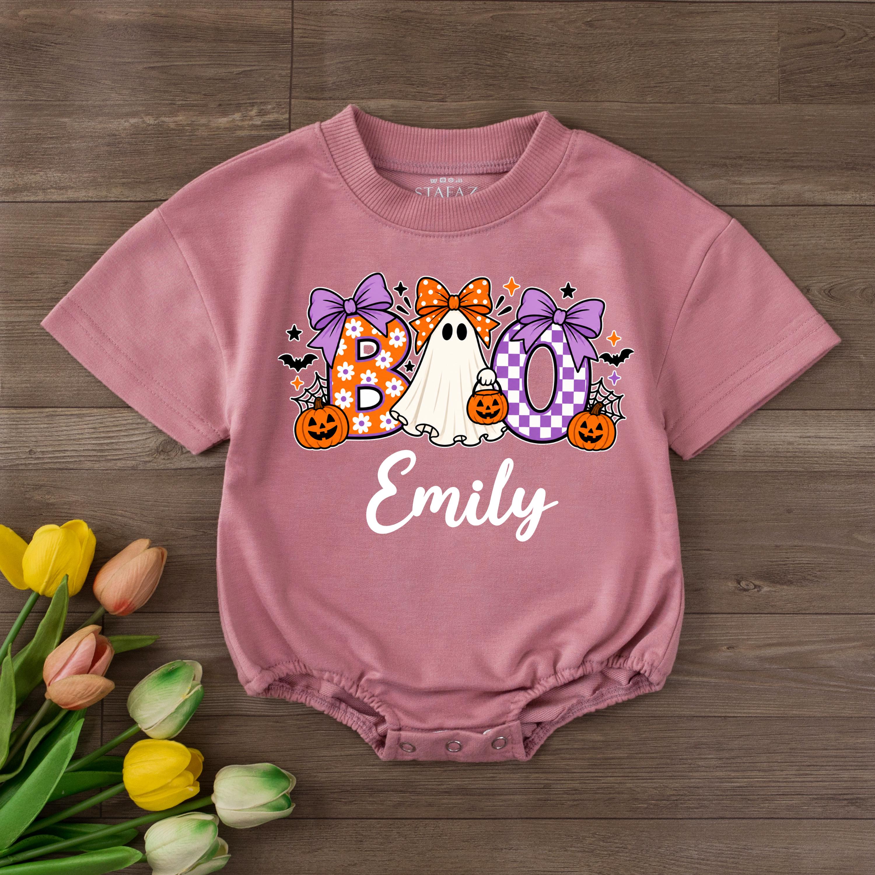 Boo Ghost Baby Romper with Halloween Bow Design and Custom Name, Pumpkin Patch Outfit, Baby Girl 1st Halloween Clothes