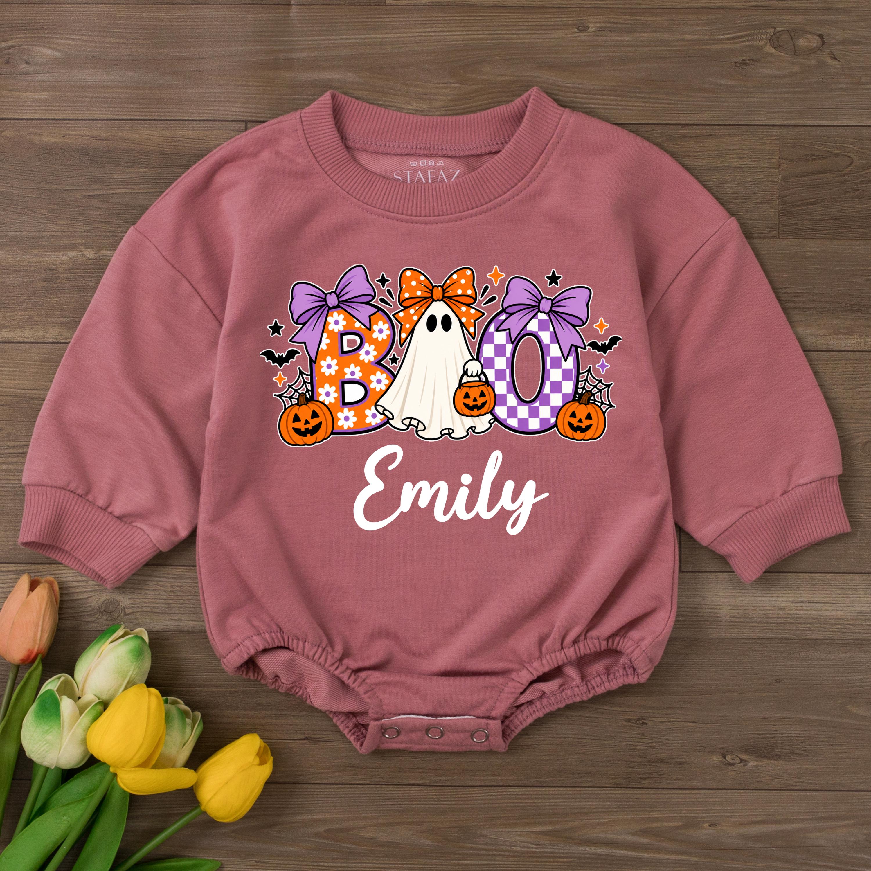 Boo Ghost Baby Romper with Halloween Bow Design and Custom Name, Pumpkin Patch Outfit, Baby Girl 1st Halloween Clothes