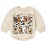 Boo Jee Baby Romper with Boujee Ghost Graphic, Long Sleeve Fall Outfit for Halloween, Cozy Cotton Infant Bodysuit for Seasonal Celebrations