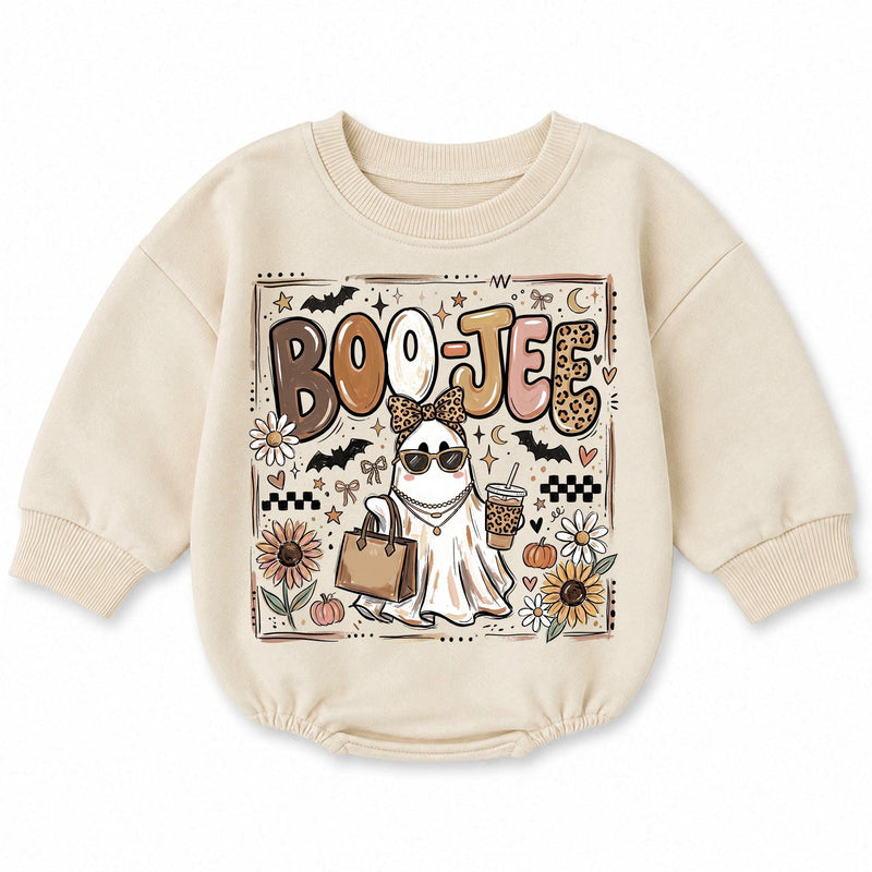 Boo Jee Baby Romper with Boujee Ghost Graphic, Long Sleeve Fall Outfit for Halloween, Cozy Cotton Infant Bodysuit for Seasonal Celebrations