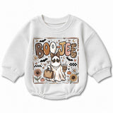 Boo Jee Baby Romper with Boujee Ghost Graphic, Long Sleeve Fall Outfit for Halloween, Cozy Cotton Infant Bodysuit for Seasonal Celebrations