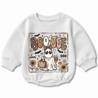 Boo Jee Baby Romper with Boujee Ghost Graphic, Long Sleeve Fall Outfit for Halloween, Cozy Cotton Infant Bodysuit for Seasonal Celebrations