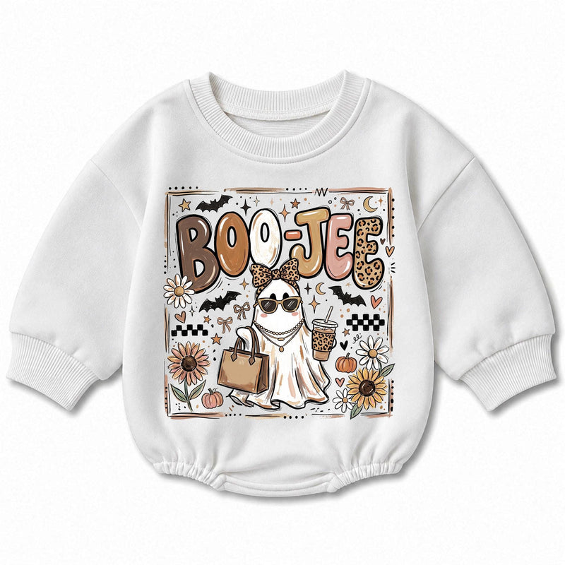 Boo Jee Baby Romper with Boujee Ghost Graphic, Long Sleeve Fall Outfit for Halloween, Cozy Cotton Infant Bodysuit for Seasonal Celebrations