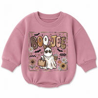 Boo Jee Baby Romper with Boujee Ghost Graphic, Long Sleeve Fall Outfit for Halloween, Cozy Cotton Infant Bodysuit for Seasonal Celebrations