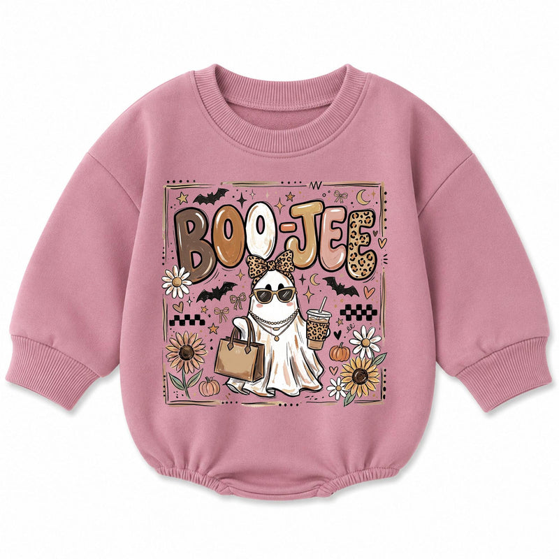 Boo Jee Baby Romper with Boujee Ghost Graphic, Long Sleeve Fall Outfit for Halloween, Cozy Cotton Infant Bodysuit for Seasonal Celebrations