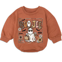 Boo Jee Baby Romper with Boujee Ghost Graphic, Long Sleeve Fall Outfit for Halloween, Cozy Cotton Infant Bodysuit for Seasonal Celebrations
