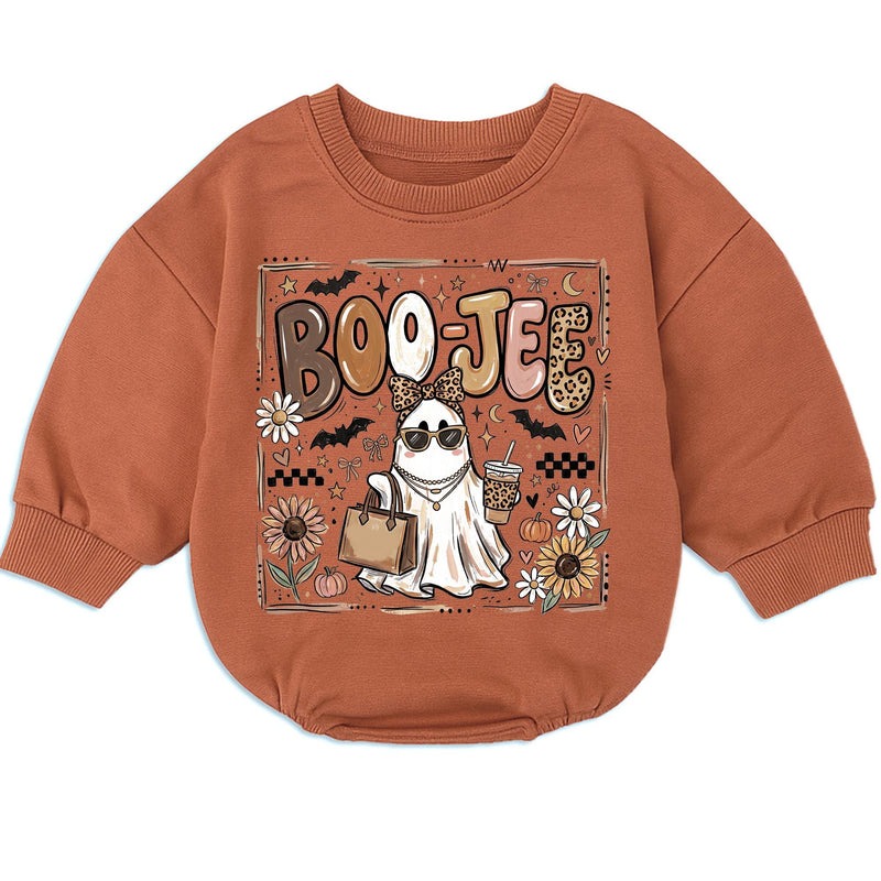 Boo Jee Baby Romper with Boujee Ghost Graphic, Long Sleeve Fall Outfit for Halloween, Cozy Cotton Infant Bodysuit for Seasonal Celebrations