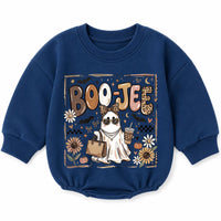 Boo Jee Baby Romper with Boujee Ghost Graphic, Long Sleeve Fall Outfit for Halloween, Cozy Cotton Infant Bodysuit for Seasonal Celebrations