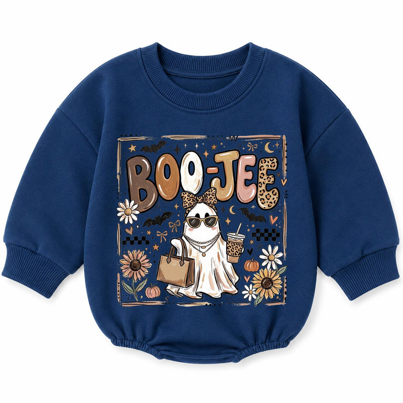 Boo Jee Baby Romper with Boujee Ghost Graphic, Long Sleeve Fall Outfit for Halloween, Cozy Cotton Infant Bodysuit for Seasonal Celebrations