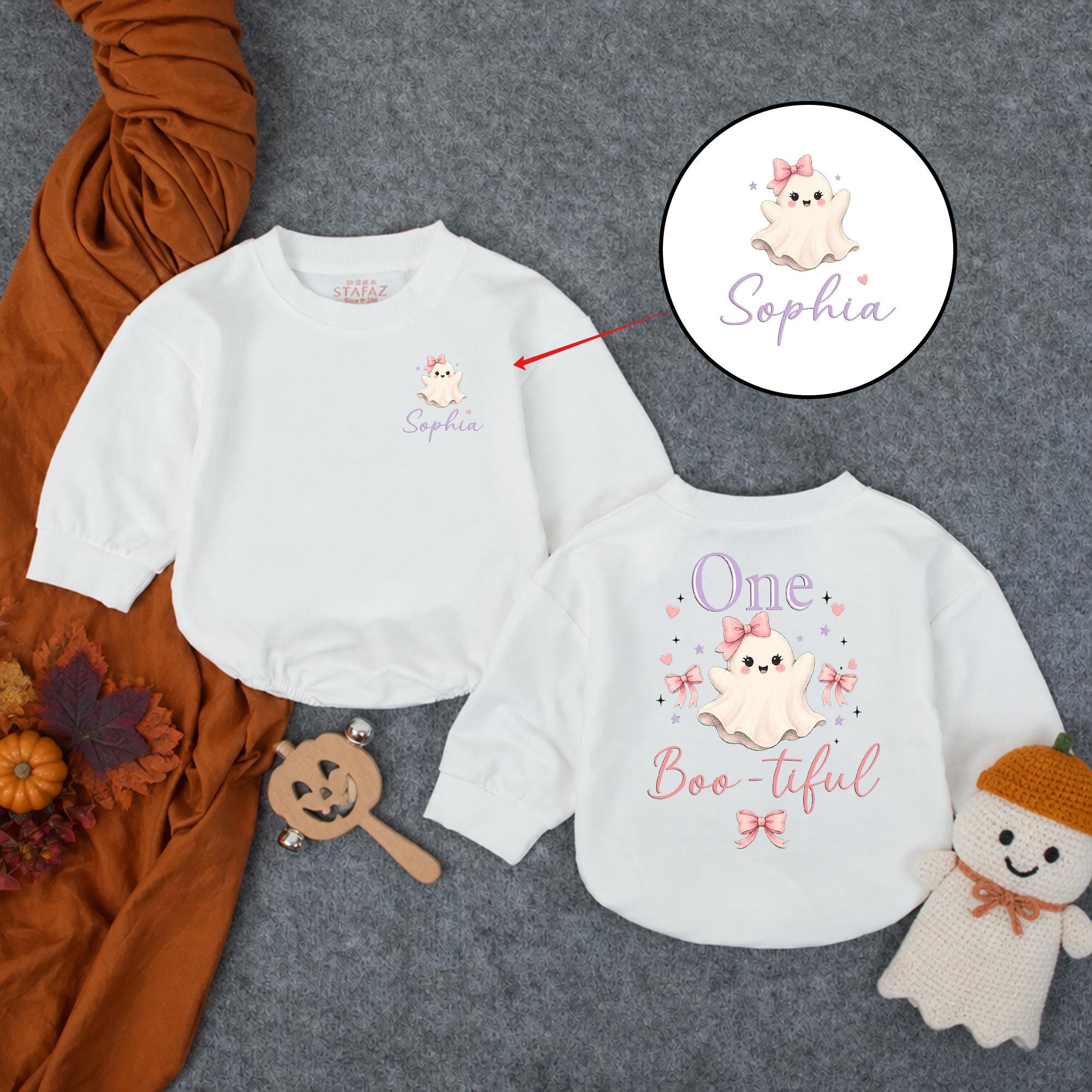 Boo-tiful One Ghost Baby Girl Romper with Custom Name, 1st Birthday Outfit for Fall, Halloween Cake Smash or Pumpkin Patch Photos