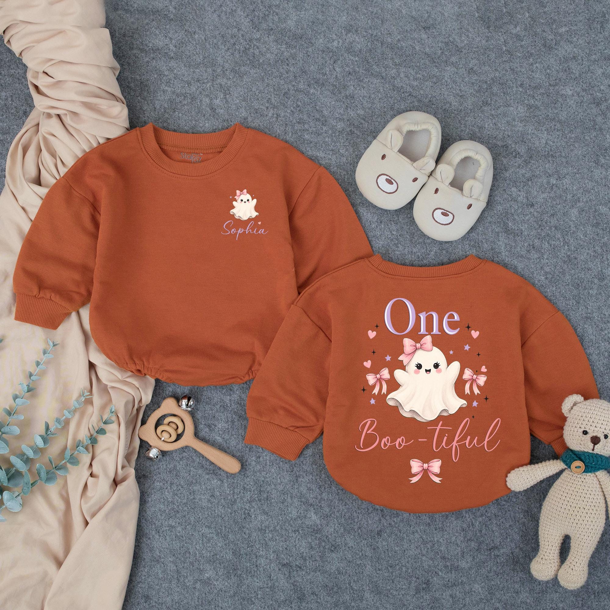Boo-tiful One Ghost Baby Girl Romper with Custom Name, 1st Birthday Outfit for Fall, Halloween Cake Smash or Pumpkin Patch Photos