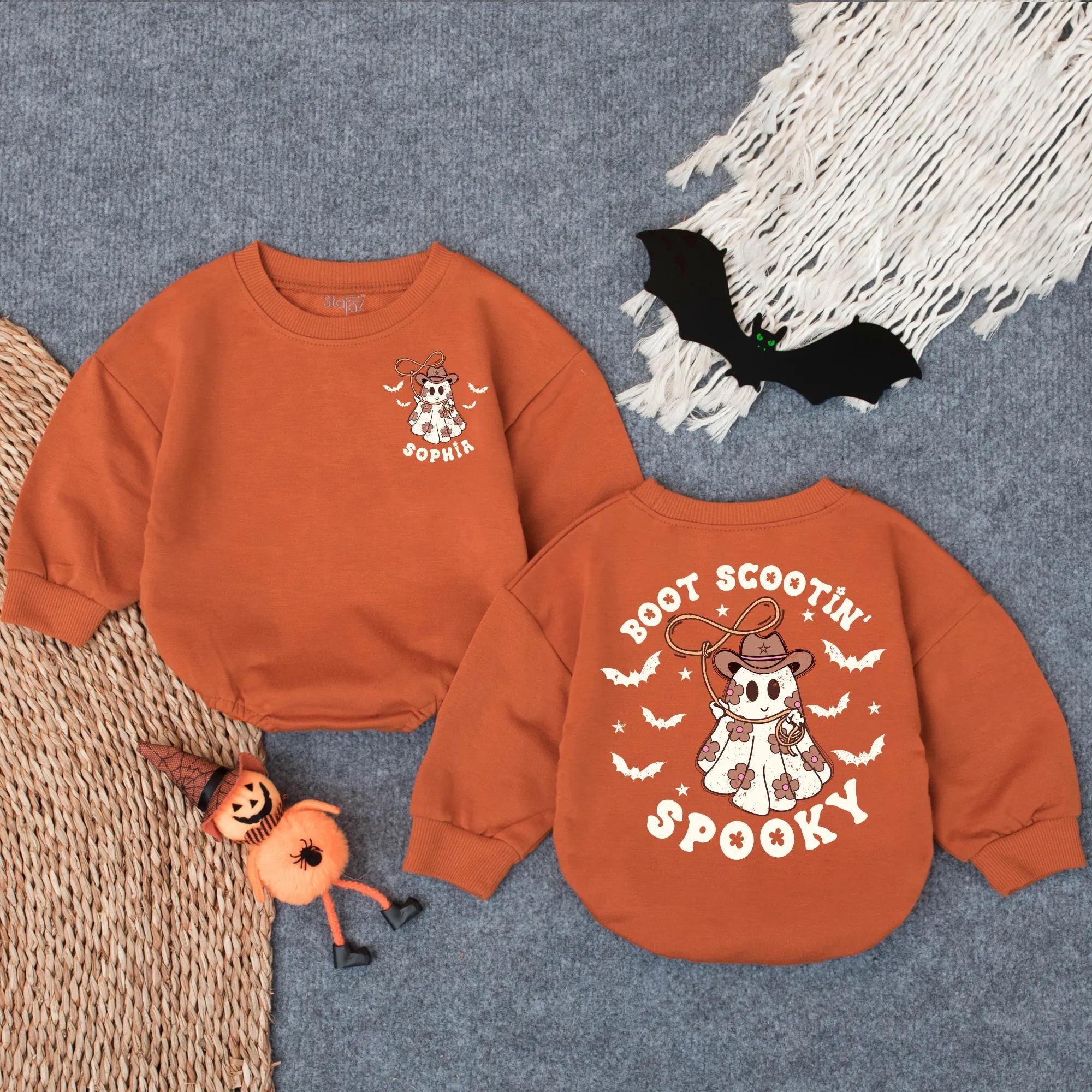 Boot Scootin' Spooky Baby Romper with Cowboy Ghost Graphic, Halloween Toddler Outfit, Personalized Name Fall Infant Costume