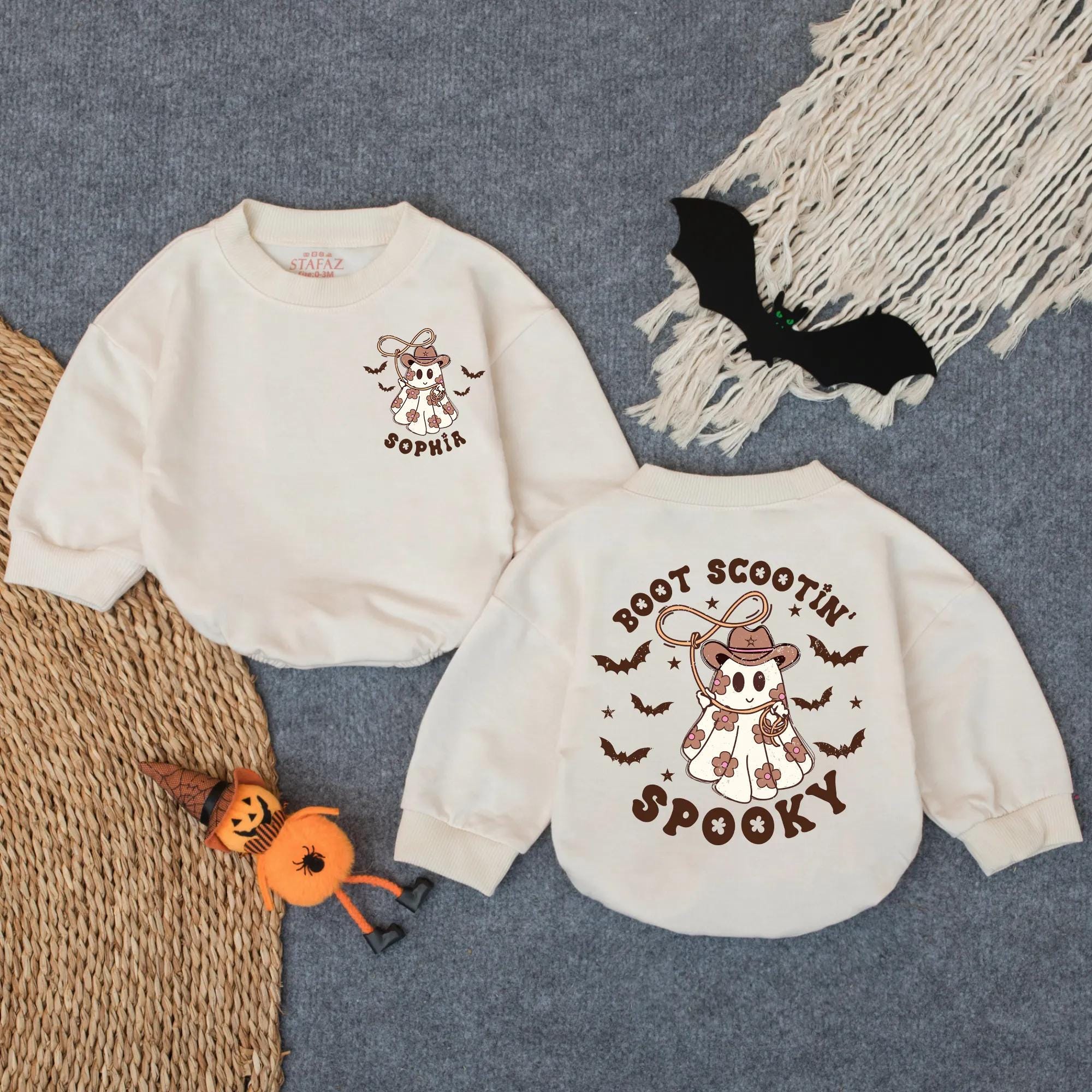 Boot Scootin' Spooky Baby Romper with Cowboy Ghost Graphic, Halloween Toddler Outfit, Personalized Name Fall Infant Costume