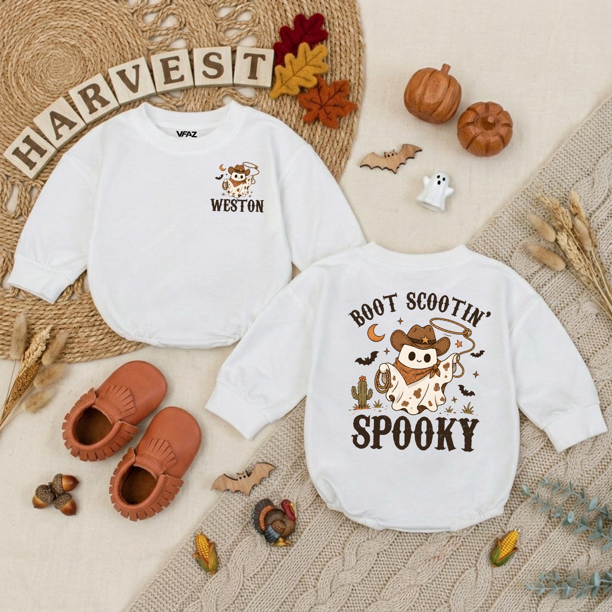 Boot Scootin' Spooky Baby Romper with Cowgirl Ghost Design and Custom Name, Halloween Baby Outfit for Fall Family Photos