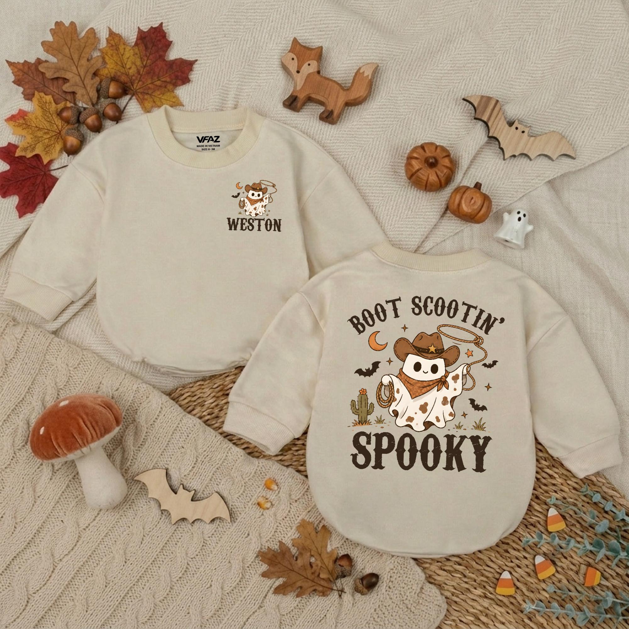 Boot Scootin' Spooky Baby Romper with Cowgirl Ghost Design and Custom Name, Halloween Baby Outfit for Fall Family Photos