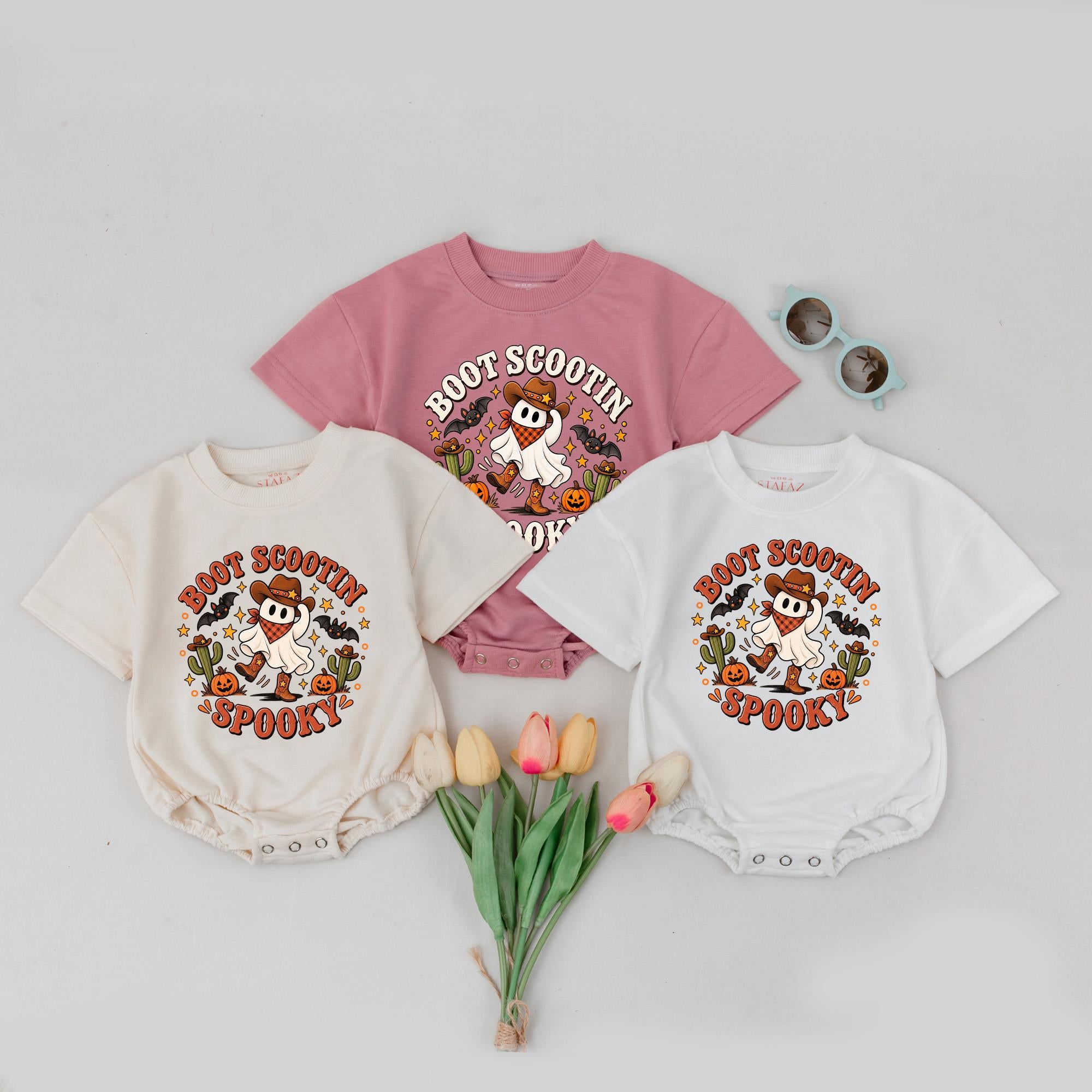 Boot Scootin Spooky Baby Sweatshirt with Cowboy Ghost Design, Cute Halloween Toddler Outfit, Fall Pumpkin Patch Costume