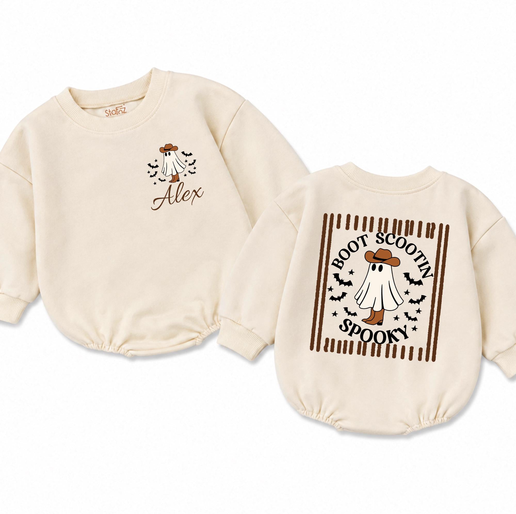 Boot Scootin' Spooky Ghost Baby Romper with Cowboy Hat Artwork and Custom Name, Halloween Infant Outfit for 0-24 Months