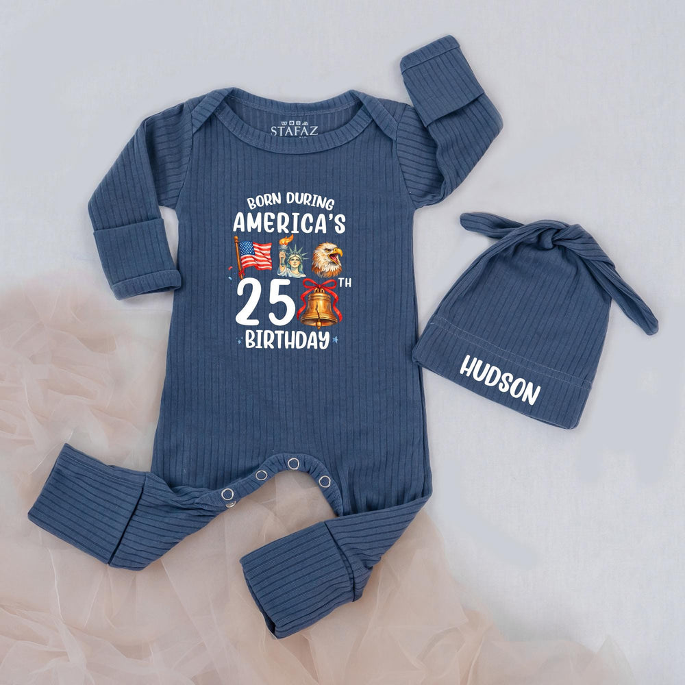 Born During America’s 250th Birthday Baby Bodysuit with Custom Name Patriotic Infant Outfit Fourth of July Gift Red White Blue Design