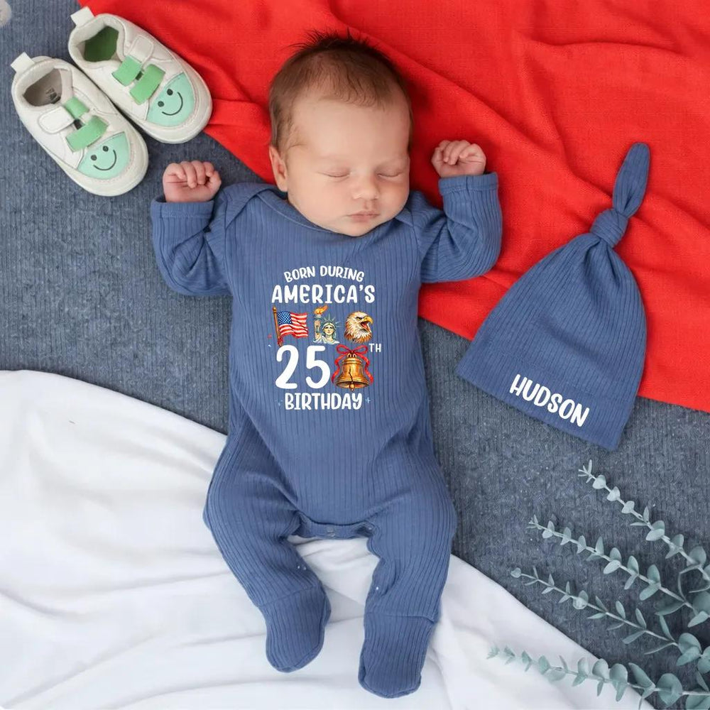 Born During America’s 250th Birthday Baby Bodysuit with Custom Name Patriotic Infant Outfit Fourth of July Gift Red White Blue Design