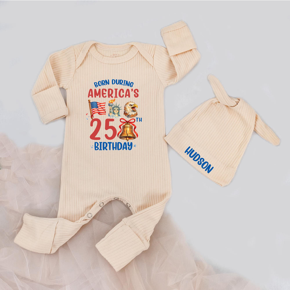 Born During America’s 250th Birthday Baby Bodysuit with Custom Name Patriotic Infant Outfit Fourth of July Gift Red White Blue Design