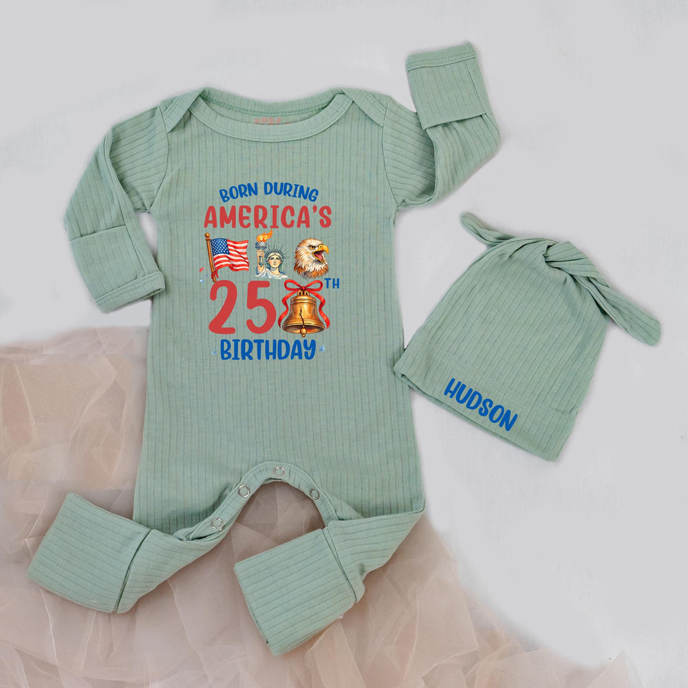 Born During America’s 250th Birthday Baby Bodysuit with Custom Name Patriotic Infant Outfit Fourth of July Gift Red White Blue Design
