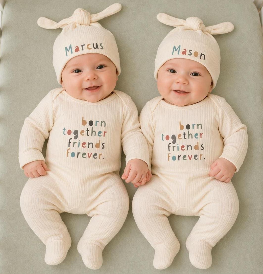 Born Together Friends Forever Twin Baby Bodysuits with Matching Hats Personalized Names Gender Neutral Soft Cotton Cute Twin Gift