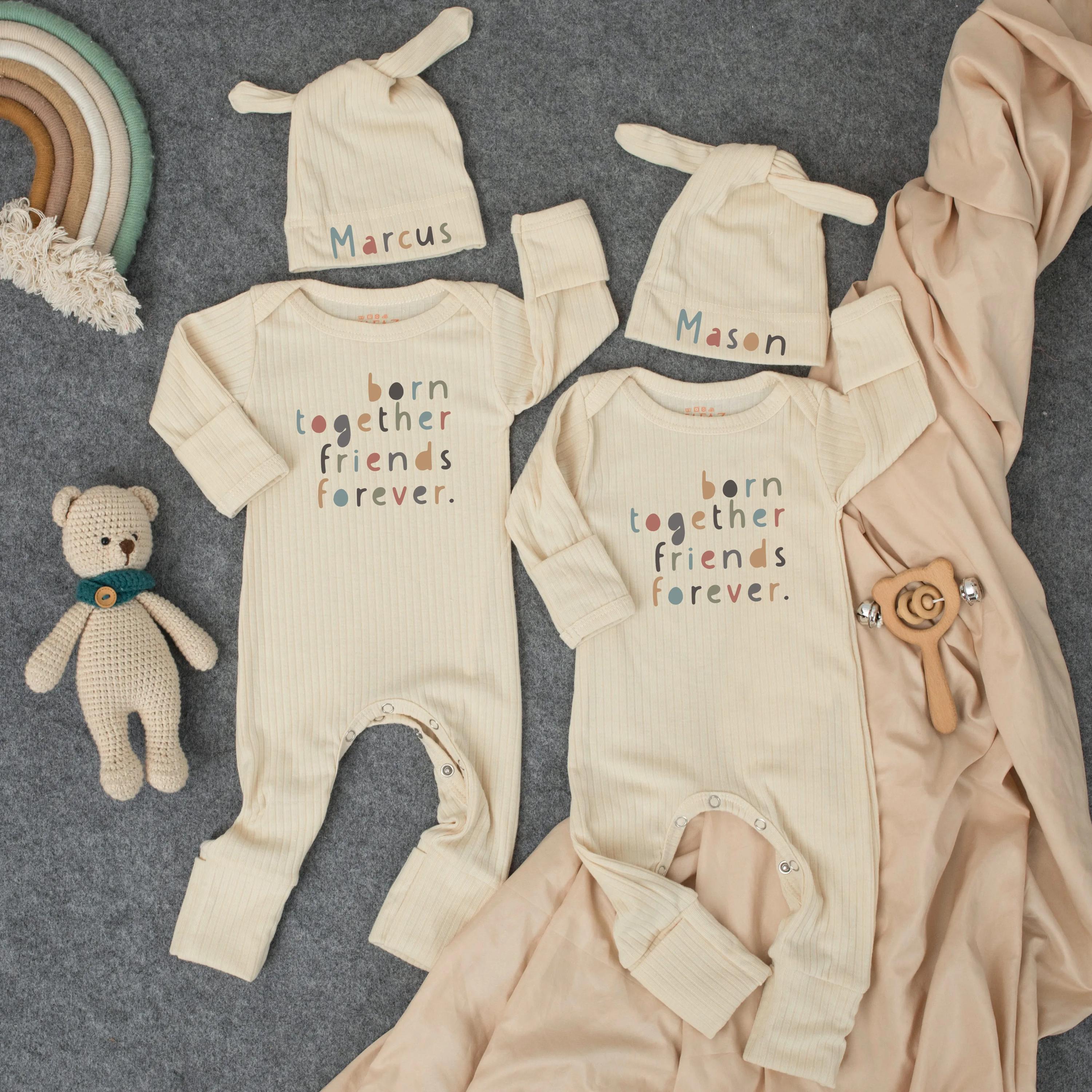 Born Together Friends Forever Twin Baby Bodysuits with Matching Hats Personalized Names Gender Neutral Soft Cotton Cute Twin Gift