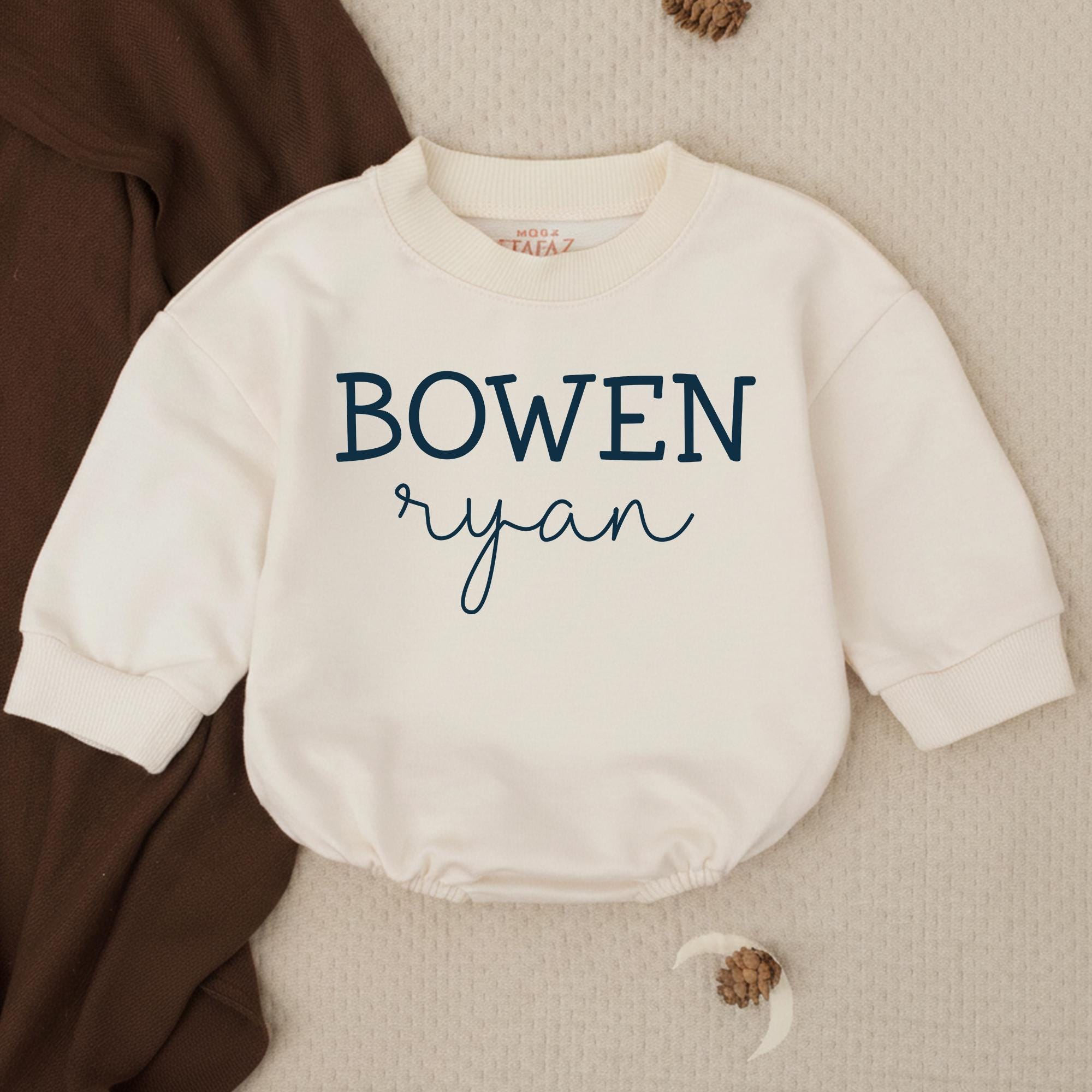 Bowen Ryan Baby Boy Bubble Romper with Custom Name, Soft Beige Long Sleeve Outfit, Newborn Gift for Baby Shower or Coming Home