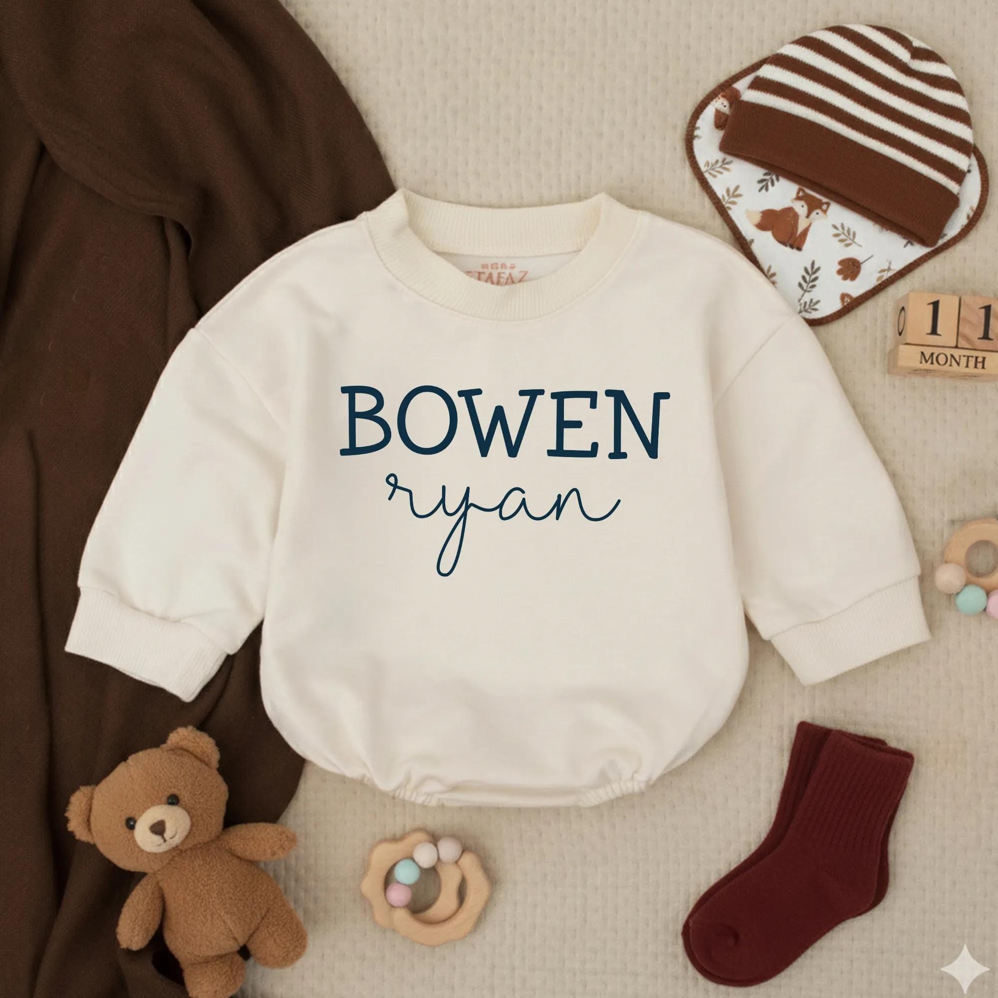 Bowen Ryan Baby Boy Bubble Romper with Custom Name, Soft Beige Long Sleeve Outfit, Newborn Gift for Baby Shower or Coming Home