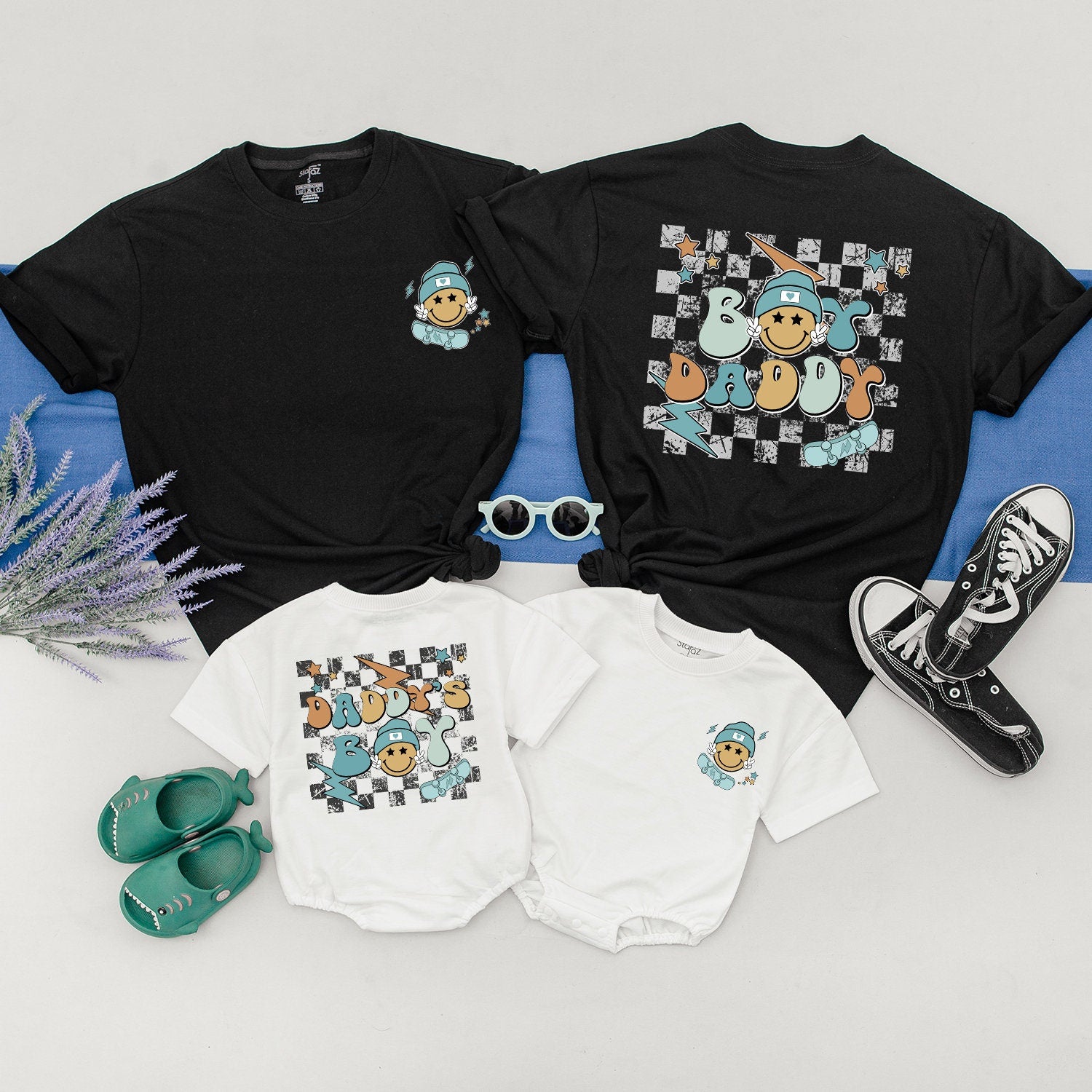 Boy Daddy Matching Smiley Face Shirts Custom Father Son Outfit Vibrant Cartoon Design Perfect First Father's Day Gift