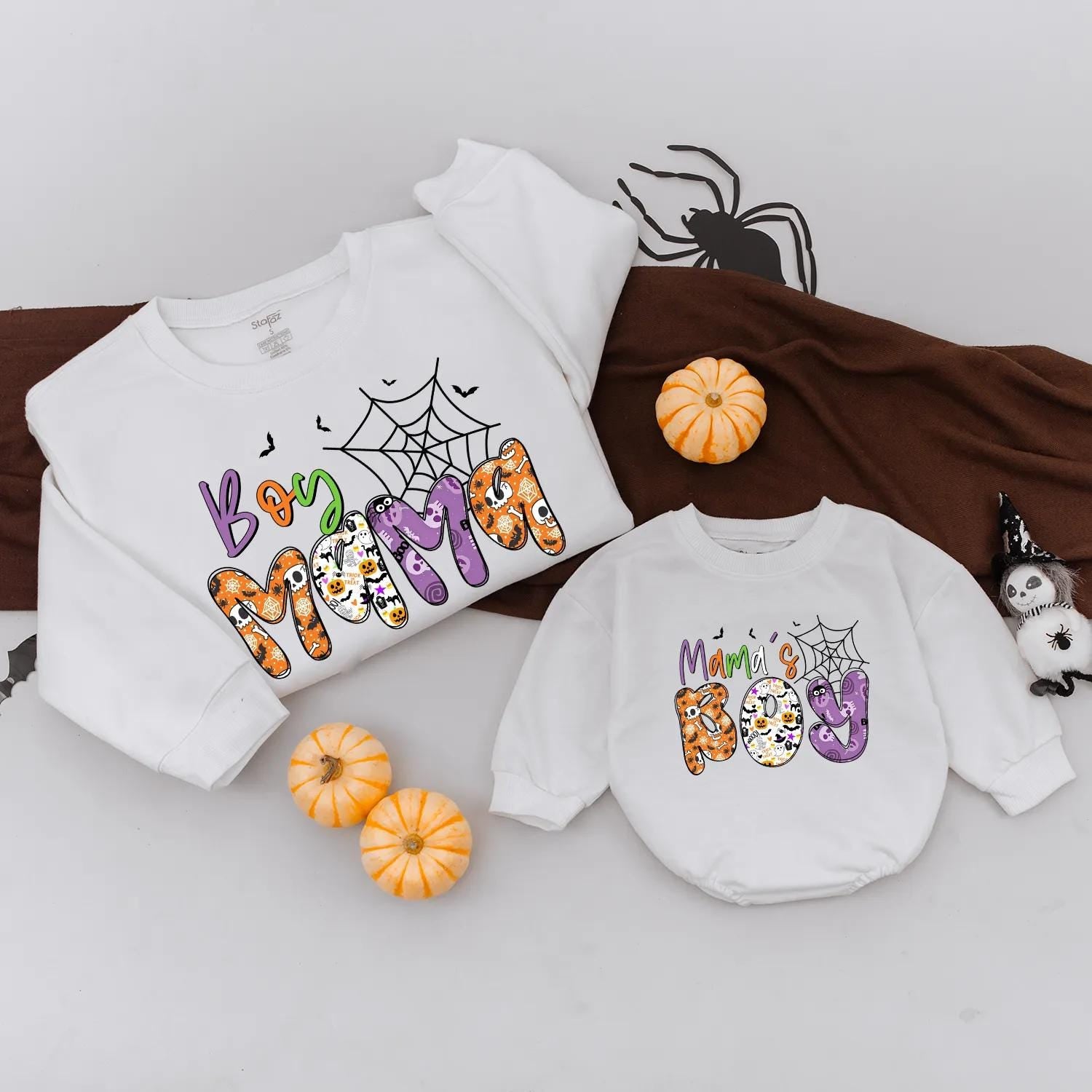 Boy Mama and Mama's Boy Halloween Matching Outfit Playful Spider Web Design Sweatshirt Custom Holiday Gift for Mom and Baby