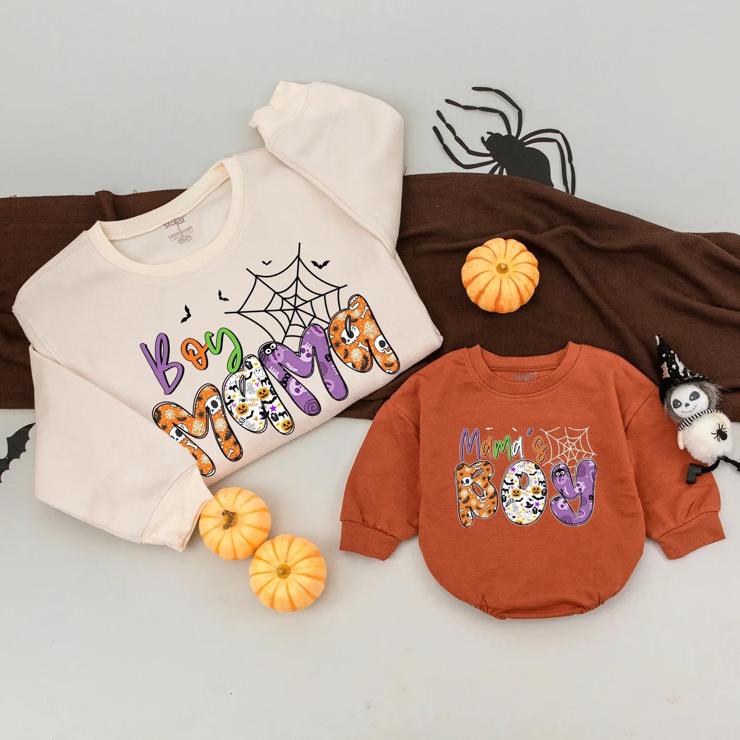 Boy Mama and Mama's Boy Halloween Matching Outfit Playful Spider Web Design Sweatshirt Custom Holiday Gift for Mom and Baby