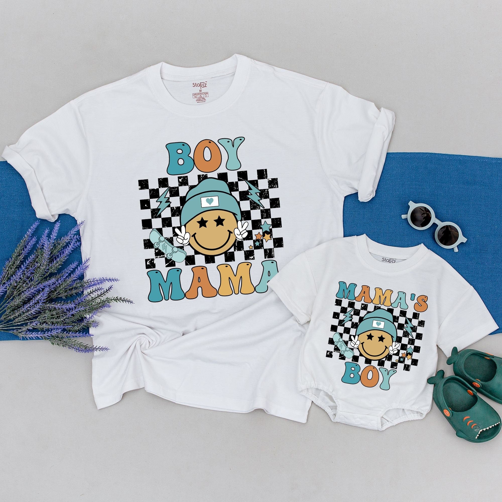 Boy Mama and Mama's Boy Matching Outfits Fun Smiley Shirts for Mom and Son in Vibrant Cartoon Design Perfect Baby Shower Gift