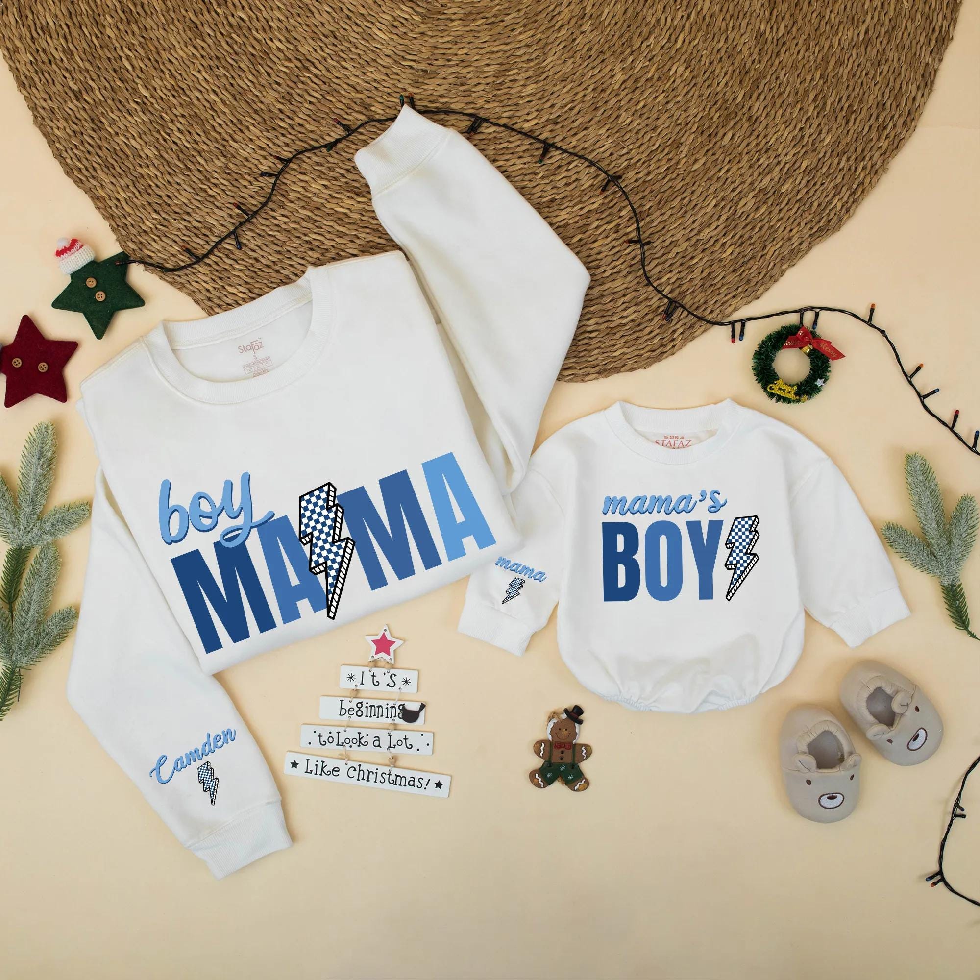 Boy Mama and Mama's Boy Matching Sweatshirts with Blue Checkerboard Lightning Bolt Design, Mom and Son Outfit, Baby Announcement Gift